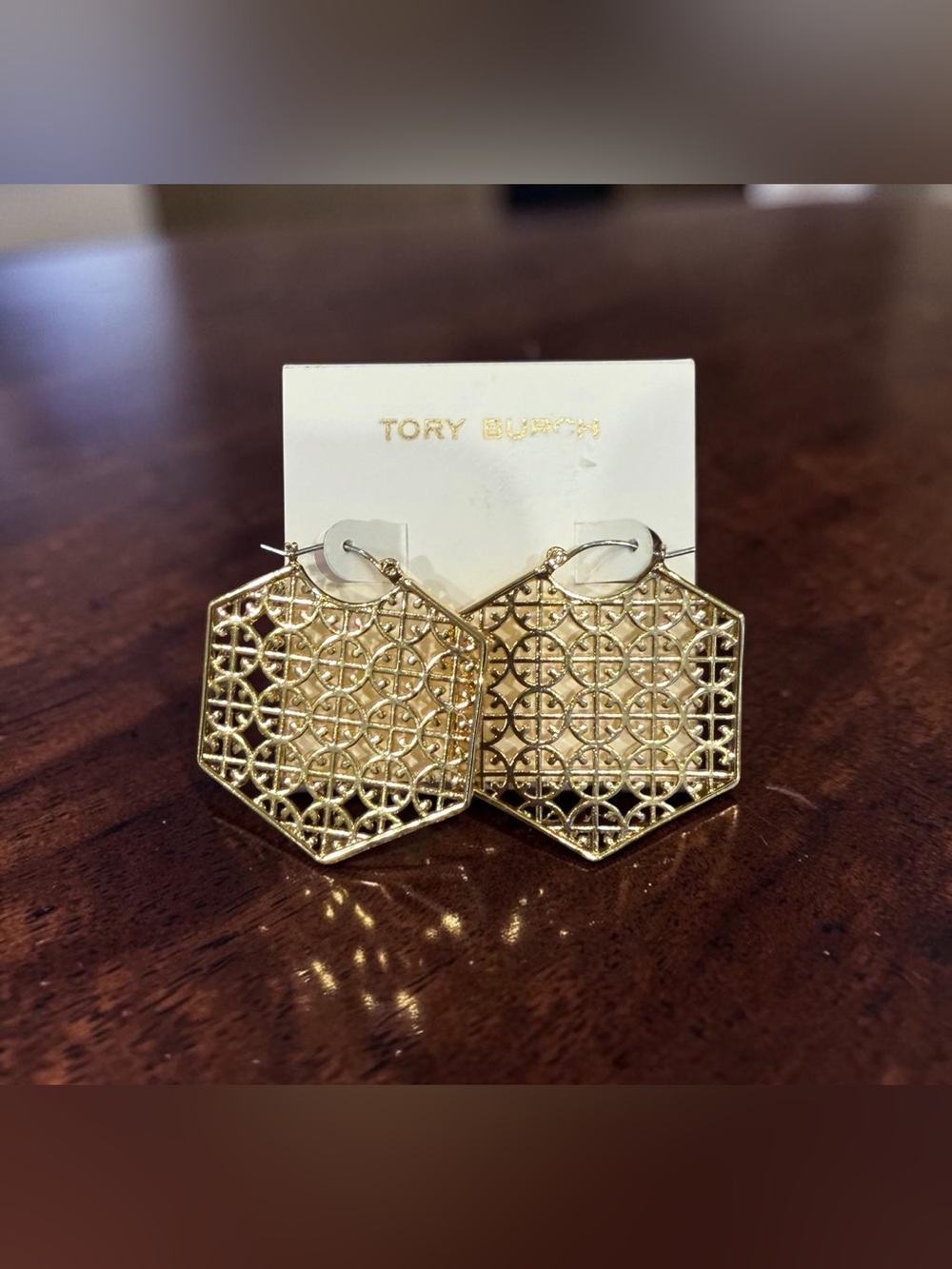 Tory Burch Gold Hexagonal Filigree Drop Earrings